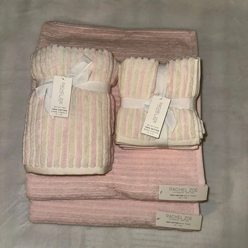 Rachel Zoe Bath Towel Set Cream Light Pink Stripe and Solids Pattern 8 Piece NWT